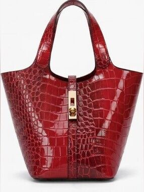 1 Left! Red Croc-Embossed Patent Vegan Leather Bucket Top Handle Tote Handbag